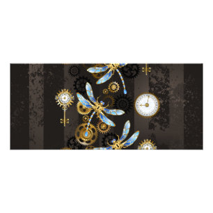 Panfleto Libélulas Steampunk em fundo listrado marrom
