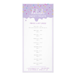 Panfleto LISTA DE PREÇOS bolo de padaria gota a glacé púrpu