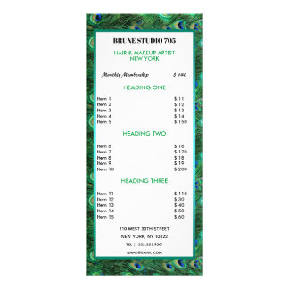 Panfleto Lista de Preços de Penas de Pavão Verde Brilhante