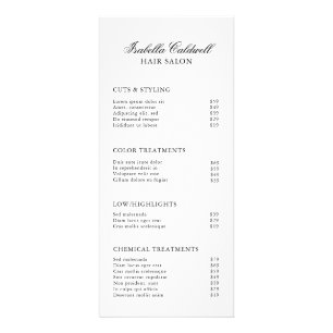 Panfleto Lista de Preços de Salão de Cabelo Preto e Branco 