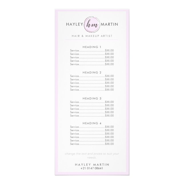 Panfleto Makeup Artist Beauty Salon Elegant Pink Price List (Frente)