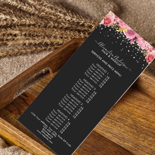 Panfleto Preço de Diamantes Florais Pretos Modernos com Bri (Modern Black Pink Floral Diamonds Glitter Price Rack Card)