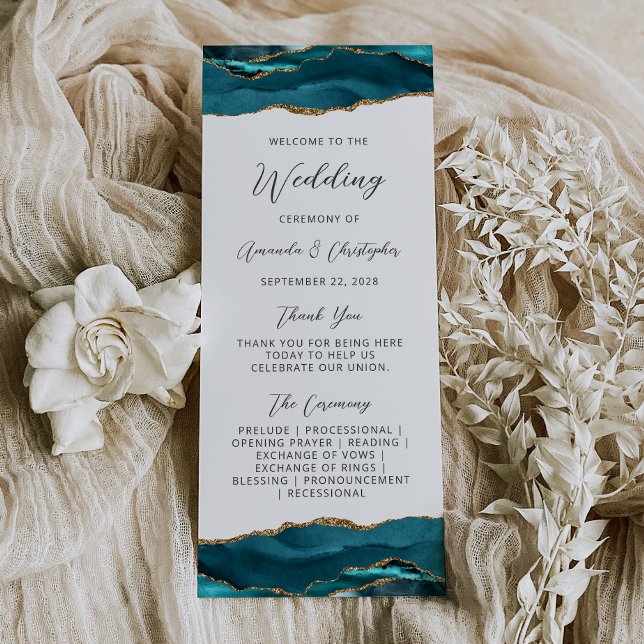 Panfleto Programa de Casamento Agate Azul Teal Dourado Orça (Criador carregado)