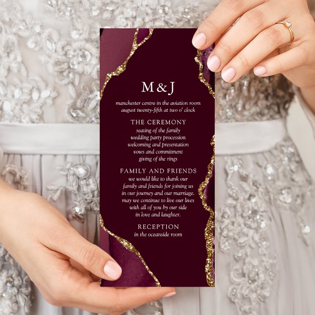 Panfleto Programa de Casamento com Ágata Burgundy & Gold (Criador carregado)