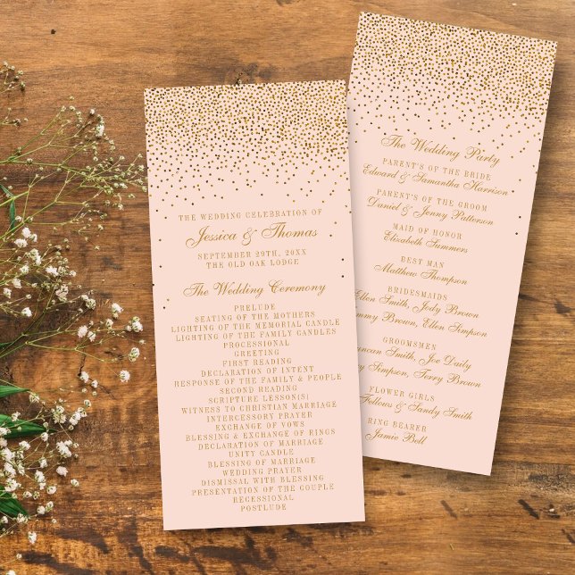 Panfleto Programa de Casamento de Confetti Dourado e Rosa B (Criador carregado)