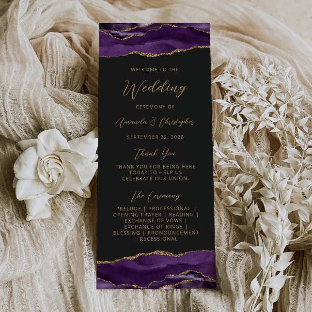 Panfleto Programa de Casamento Dourado Escuro Roxo (Criador carregado)
