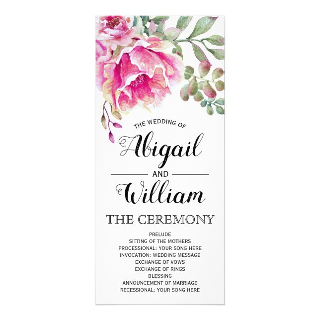 Panfleto Programa de casamento floral com flores de aquarel (Frente)