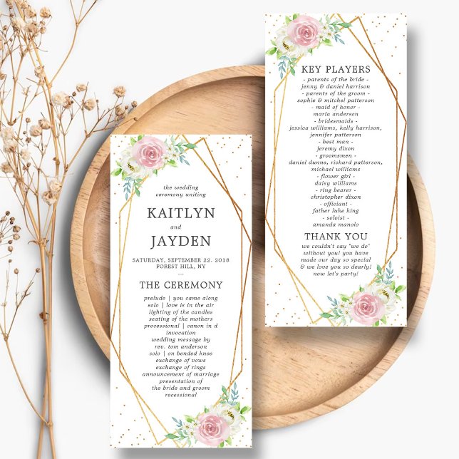 Panfleto Programa de Casamento Floral de Folha de Ouro Geom (Criador carregado)