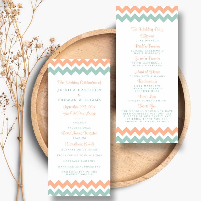 Panfleto Programa de Casamento Moderno Peach & Mint Chevron (Criador carregado)