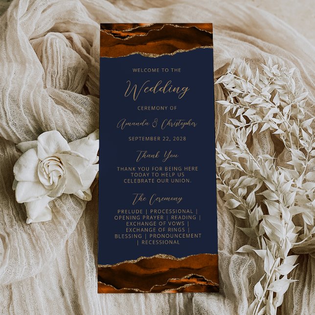 Panfleto Programa de Casamento Navy Laranja Queimado Ágata  (Criador carregado)