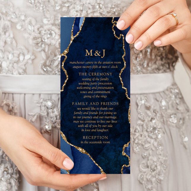 Panfleto Programa de Casamento Navy Marble & Gold Agate (Criador carregado)