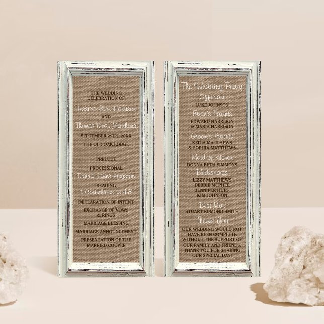 Panfleto Programa de Casamento Rustic White Frame & Burlap (Criador carregado)