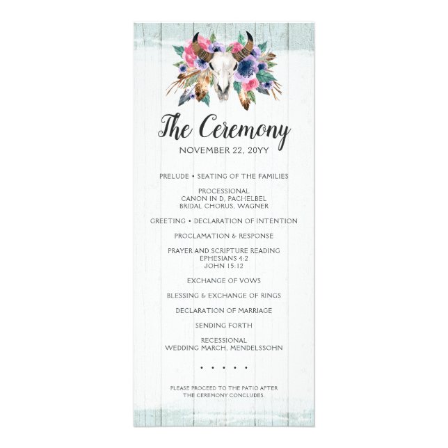 Panfleto Programa Rustic Floral Cow Skull Boho Chic Wedment (Frente)