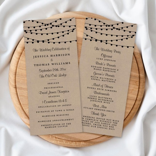 Panfleto Programa Rustic Kraft String Lights Casamento (Criador carregado)