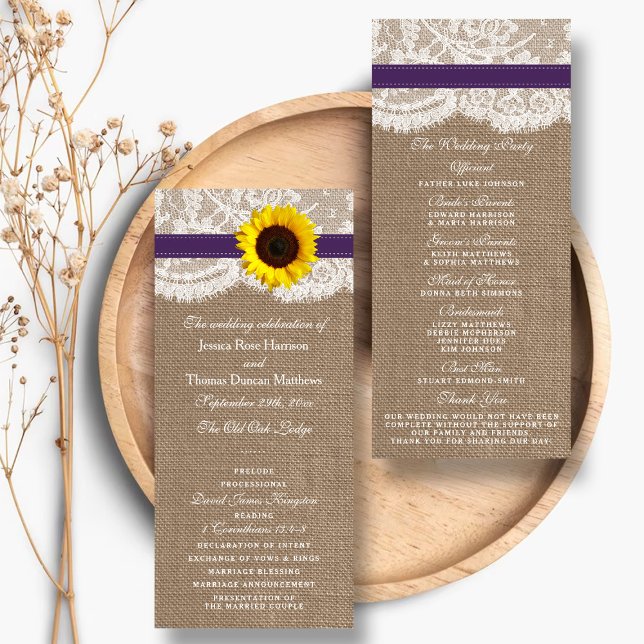 Panfleto Programa Rustic Purple Sunflower Wedée (Criador carregado)
