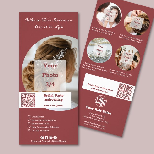 Panfleto Promoção Salão de Cabelereiro Penteados para Grupo (Promotion Hair Salon Bridal Party Hairstyling Rack Card)