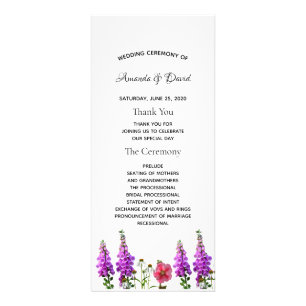 Panfleto Púrpura floral, programa de casamento branco elega