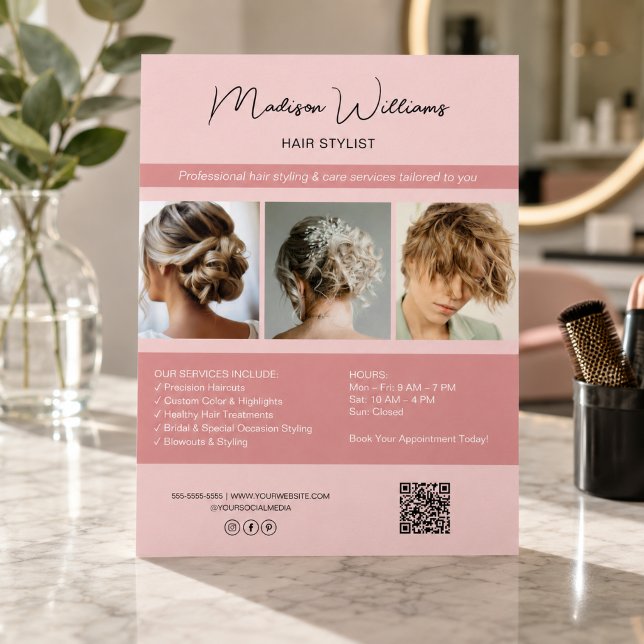 Panfleto QR Rosa de Serviços de Cabelereiro de Sal (Modern Salon Hair Stylist Services QR Pink Flyer)