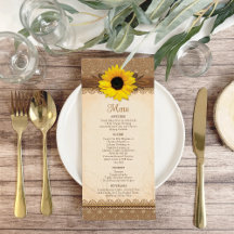 Rustic Burlap Lace Wood Sunflower WedMenu