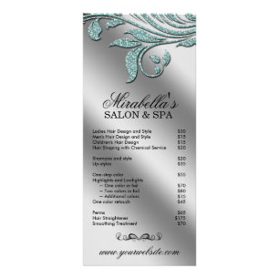 Panfleto Salon Rack Card Jewelry Leaf Floral Teal Sparkle