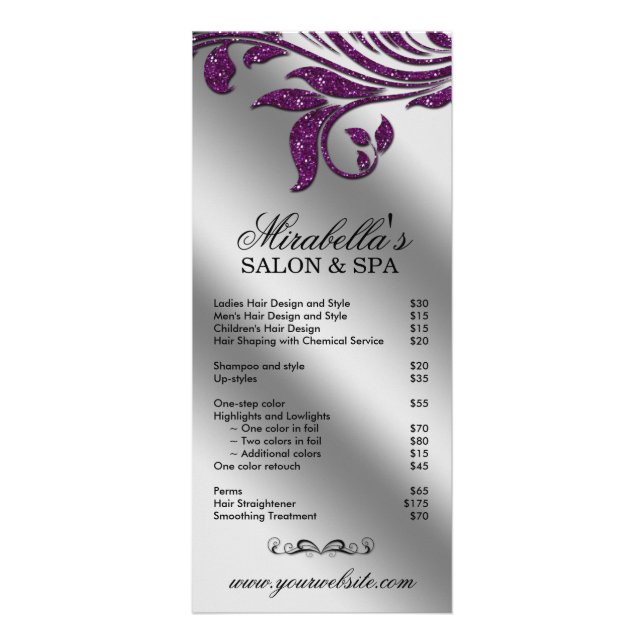 Panfleto Salon Rack Card Joalry Leaf Floral Purple Sparkle (Frente)