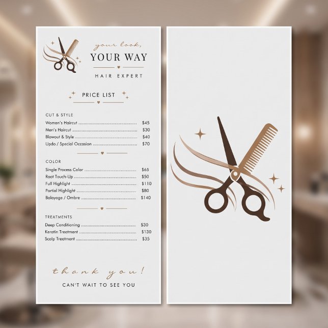 Panfleto Tesoura Branca Mínima de Cabeleireiro Editável (Hair Stylist Minimal White Scissors Editable Rack Card)