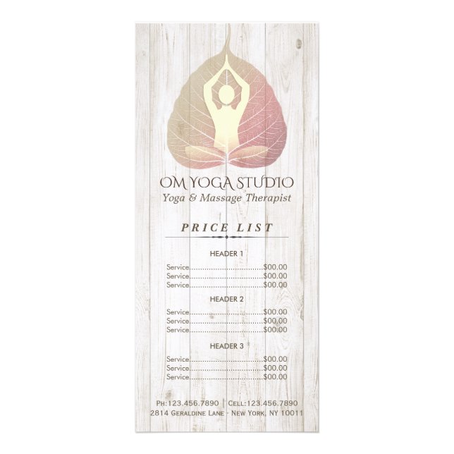 Panfleto YOGA Studio Price List Meditação Pose Bodhi Leaf (Frente)