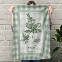 Basil Herb Kitchen Towel – Green Gingham Border