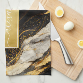 Pano De Prato Dourado Marble Moderno, preto e branco Elegante