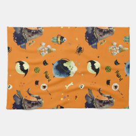 Pano De Prato Elementos do Dia das Bruxas em Laranja