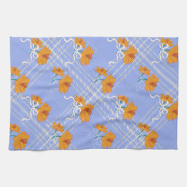 Pano De Prato Flor Laranja Cachorro Sem Costura em Azul Xadrez