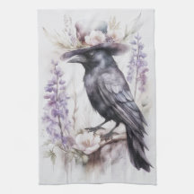 Krähe Rabe Crow mit Hut und Blumen Watercolor