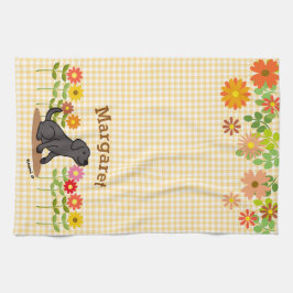 Pano De Prato Labrador preto personalizado e muitas flores
