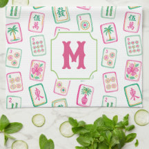 Monograma de Azulejos de Mahjong Pink & Green Palm