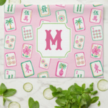 Monograma de Azulejos de Mahjong Pink & Green Palm