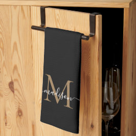 Pano De Prato Nome do Script do Monograma Dourado Preto Elegante