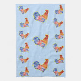 Pano De Prato Red Funny Rooster Cockerel Pontos Azul e Branco