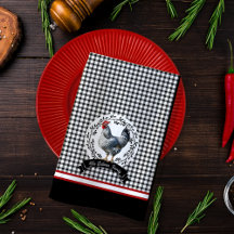 Rustic Country Rooster Chicken BW Gingham Checks
