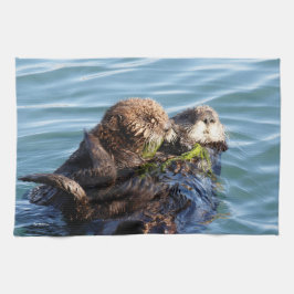 Pano De Prato Sea Otter e filhote com kelp