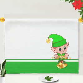 Pano De Prato Sinos de Natal e Elfo Fofo em Verde e Branco