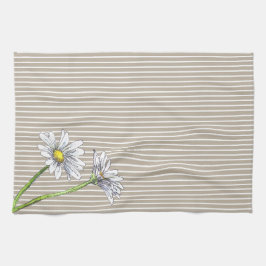 Pano De Prato Taupe Listrado Floral Aquarela Margarida