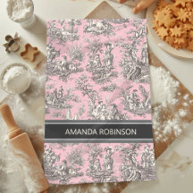 Tóile de jouy, preto-e-rosa, impressa