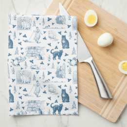 Pano De Prato Vintage Retro Toile Patterno Cat Catnip White Blue