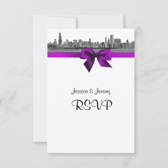 Panorama de Chicago Gravado BW Violeta RSVP Menu (Frente)