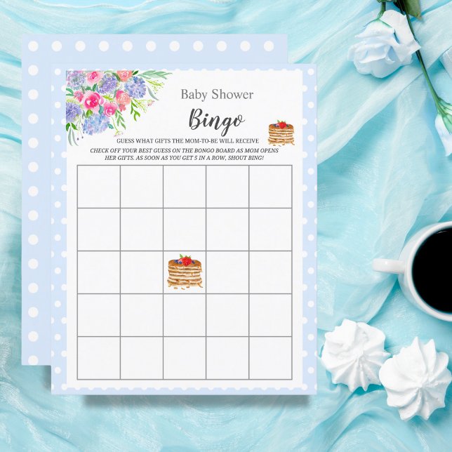 Panqueca de Mirtilo em Aquarela Bingo de Chá de Be (Experience the enchantment of a Watercolor Berry Pancake Blue Gingham-themed Baby Shower.)
