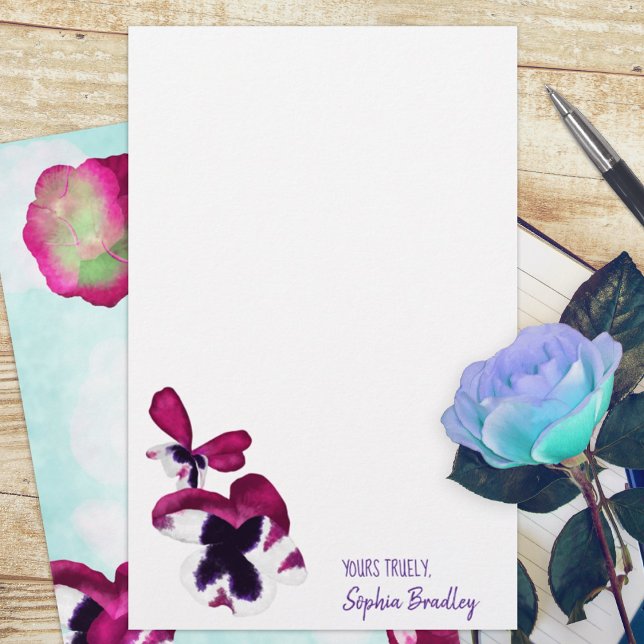 Pansias de outono, Aqua, rosa, Papel de carta roxo (violet plum purple pansies turquoise budget personalized letter writing stationary paper sheets)