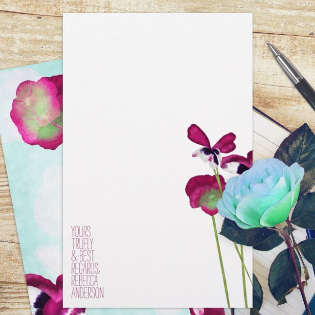 Pansias de outono, Aqua, rosa, Papel de carta viol (violet pink magenta pansy pansies floral budget personalized letter writing stationary paper sheets)