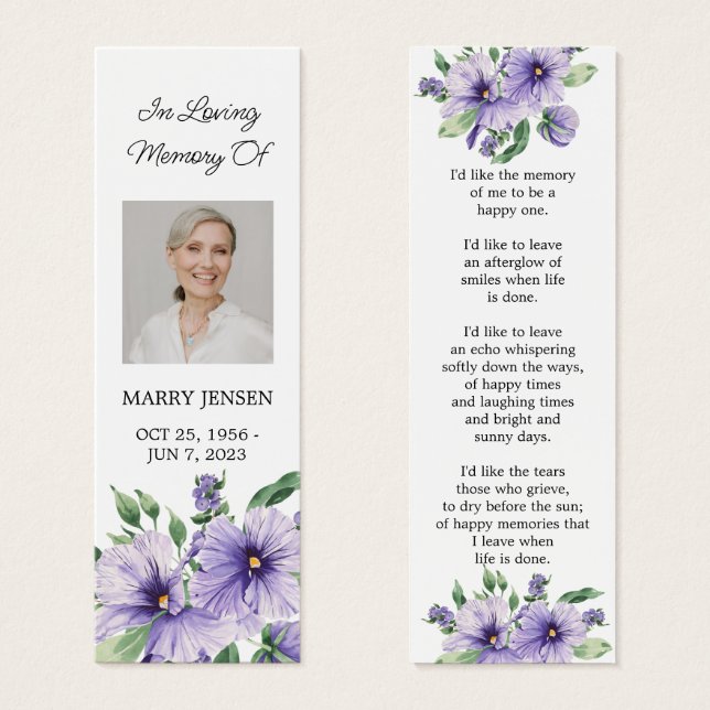 Pansy Floral Photo Funeral Memorial Bookmark (Frente & Verso)