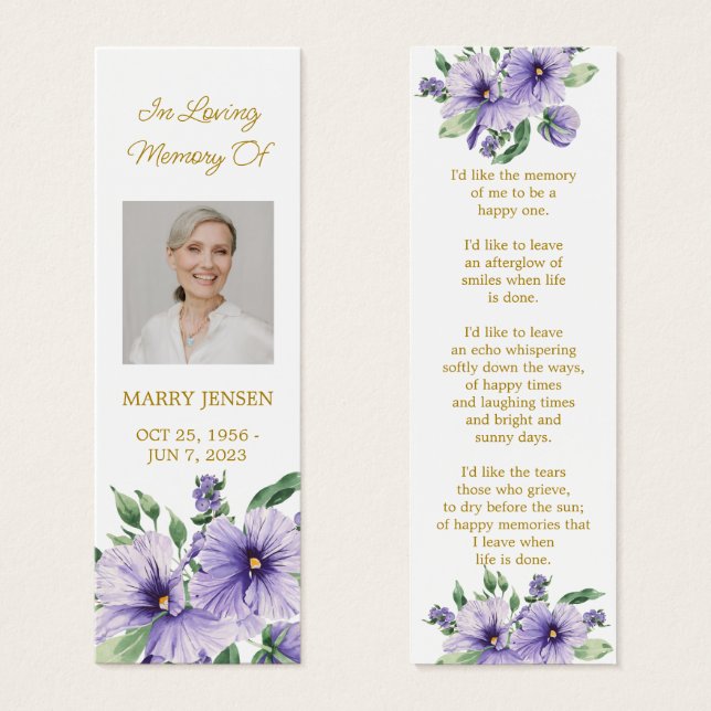 Pansy Floral Photo Funeral Memorial Bookmark (Frente & Verso)