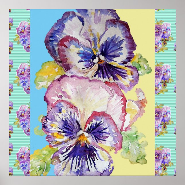 Pansy Watercolor Painting Aqua Poster (Frente)